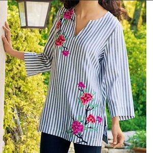 Soft Surroundings Ashbury Tunic Black White Striped Floral Embroidered Top PXS
